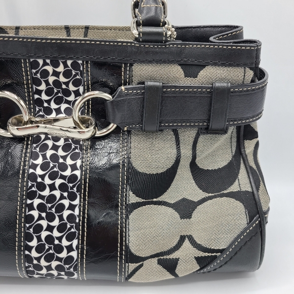 Coach Hampton Signature C Satchel Shoulder Bag Tote Purse Black Gray Jacquard - Picture 3 of 16